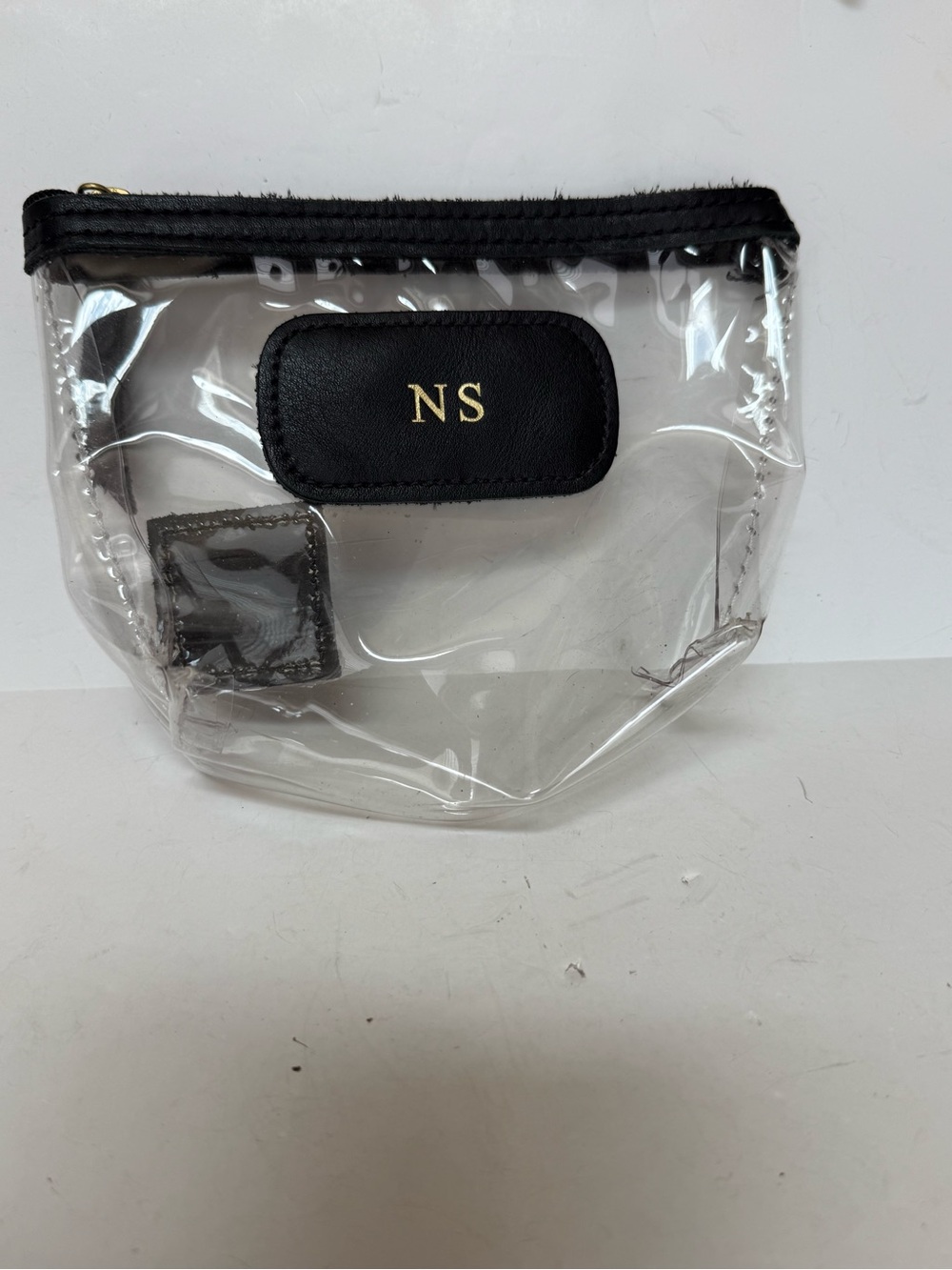 Jon Hart Clear Purse Bag Cosmetic Makeup Black Leather Patch Monogrammed N S
